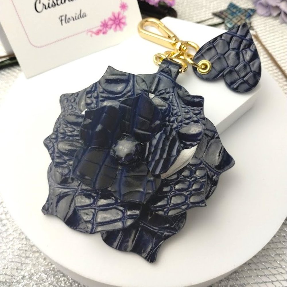 Gorgeous upcycled hand crafted leather handbag charm 3d flower
